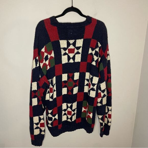 Vintage Tommy Hilfiger Hand Knit Sweater Patchwork Pullover Unisex Size L Retro - Picture 9 of 9